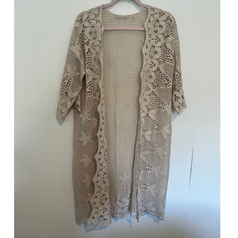 Soft Surroundings Cardigan Womens PS/PM Beige Floral Crochet Lace Duster